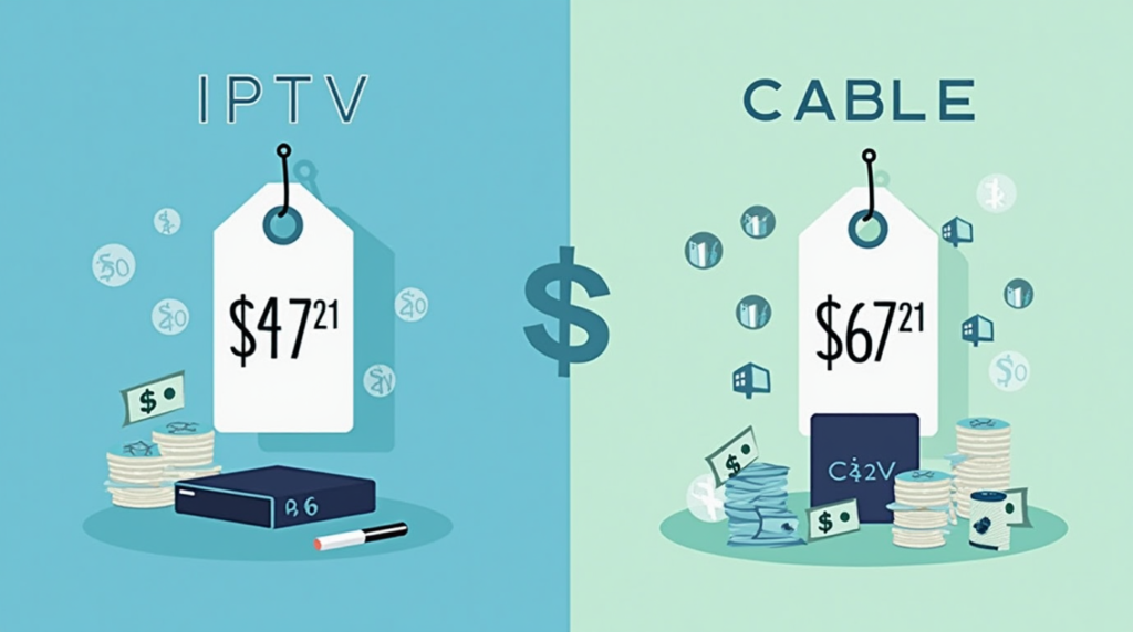 A visual representation of the cost comparison between IPTV and cable in 2025. On one side, a low-cost price tag for IPTV, and on the other, a higher price tag for traditional cable. Icons of a streaming device and a cable box emphasize the financial difference, with currency symbols to highlight the savings IPTV offers."
