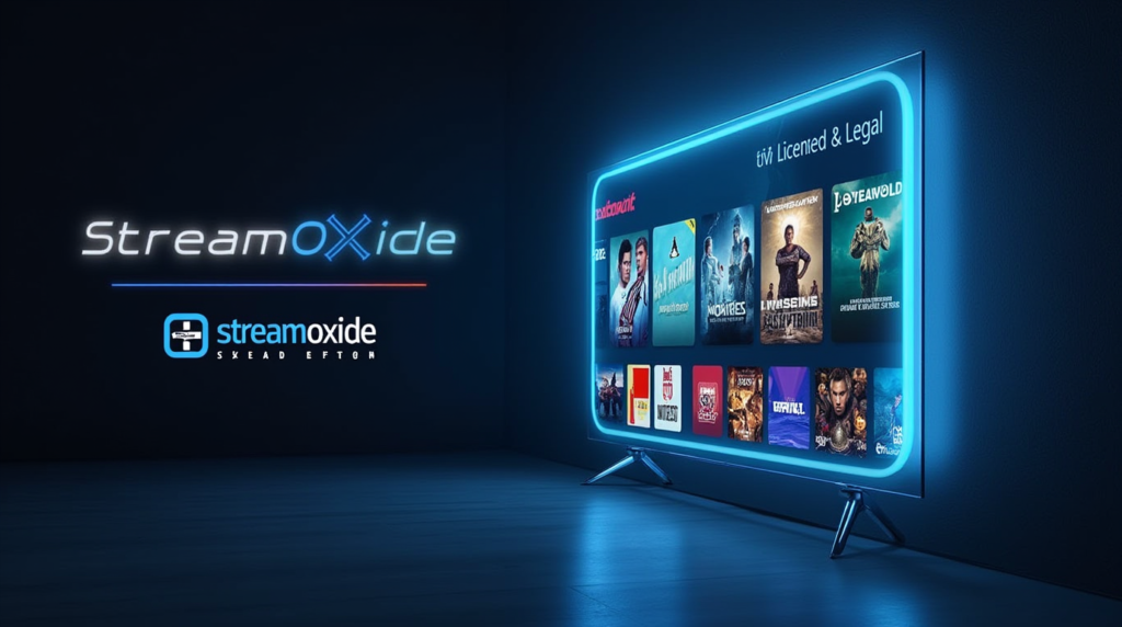 Promotional illustration featuring a smart TV streaming high-quality licensed IPTV content with a 'Licensed & Legal' badge and the Streamoxide logo