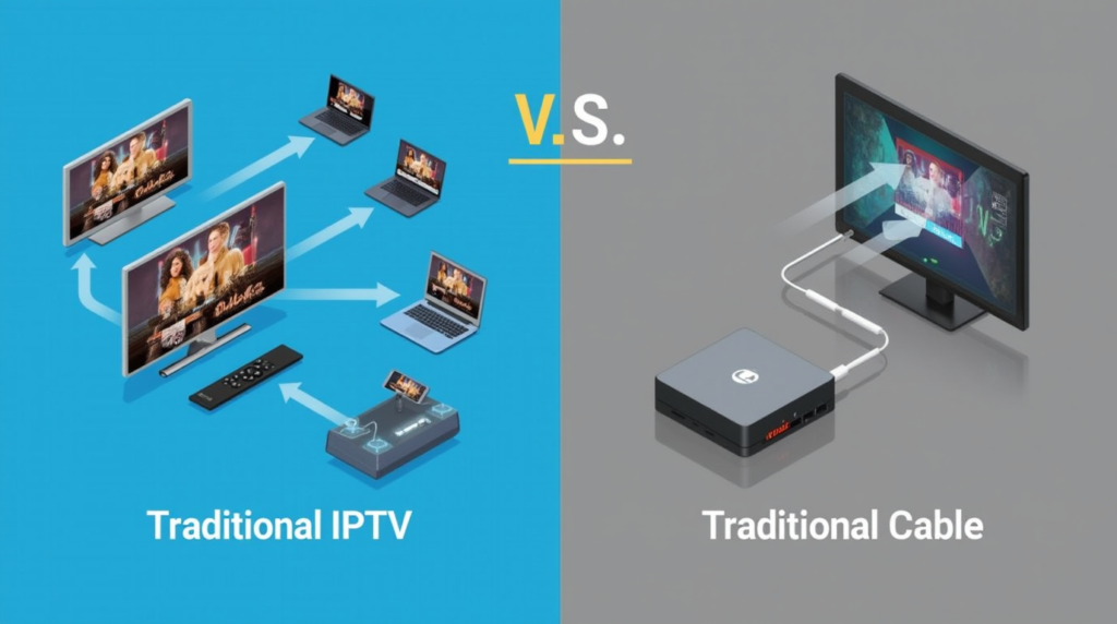 "An image contrasting IPTV and traditional cable. One side features a modern IPTV setup with devices like smart TVs, tablets, and laptops, streaming diverse content. The other side shows traditional cable with a set-top box and a single TV screen, highlighting the difference in flexibility and technology between the two services."
