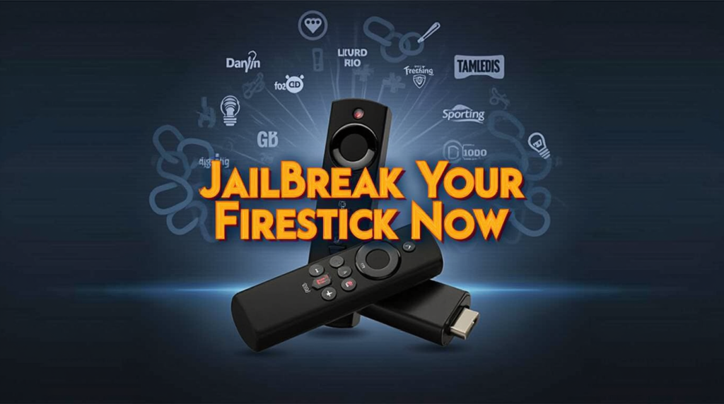 An image of a FireStick device surrounded by streaming icons, with chains breaking to symbolize unlocking access, accompanied by the title 'Jailbreak Your Firestick Now: The Best Guide 2025.