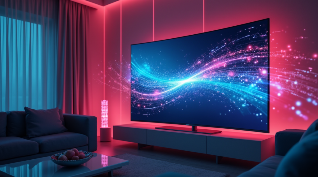 An ultra-modern home entertainment setup featuring a large smart TV displaying a high-definition video stream. The scene is enhanced with glowing internet symbols and motion lines, symbolizing speed and seamless streaming. The setting includes a cozy, stylish living room with ambient lighting, highlighting a premium and effortless viewing experience.