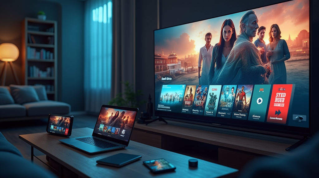 Switch to the IPTV: Better streaming Lower Costs
An image illustrating the advantages of switching to IPTV, showcasing better streaming quality and lower costs. The visual features multiple devices like smart TVs, tablets, and smartphones streaming high-definition content, with price tags symbolizing cost savings. The modern, tech-savvy home setting highlights the flexibility and affordability of IPTV compared to traditional cable services.