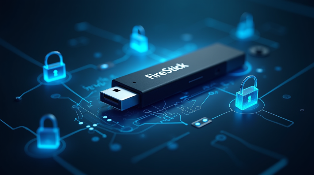 An image of a FireStick device with glowing locks and keys, symbolizing unlocking its features, with a digital technology background.
