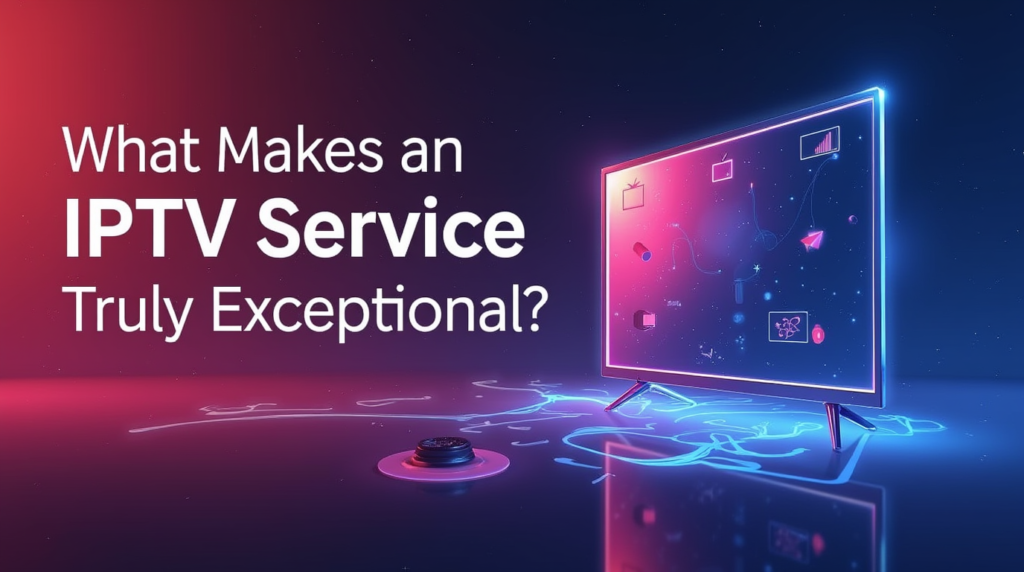 Craft a sleek and professional image with the title 'What Makes an IPTV Service Truly Exceptional?' Set against a smooth gradient background with subtle streaming-related visuals like play buttons, channel icons, and flowing lines to symbolize uninterrupted service. Use bold, modern fonts that exude quality and reliability