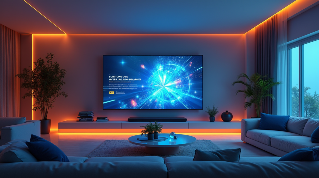 A modern living room featuring an advanced 8K IPTV screen displaying dynamic, interactive content. The screen showcases AI-powered recommendations, 8K visuals, and immersive AR/VR technology. The room is designed with sleek furniture and ambient lighting, creating a futuristic atmosphere that highlights the potential evolution of IPTV by 2025