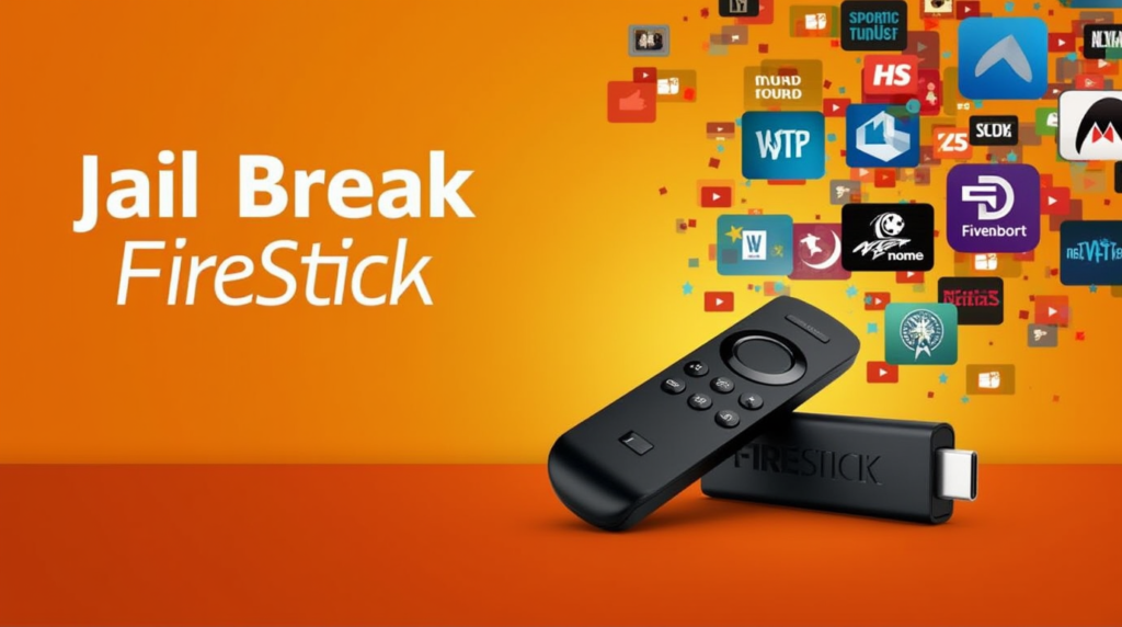 An image showing a FireStick with streaming icons like movies, TV, and sports emerging from it, symbolizing the benefits of jailbreaking