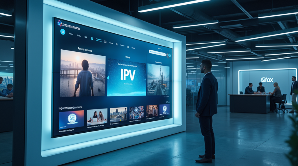 A high-tech, professional office with a focus on an IPTV platform displayed on a large, modern screen. The screen highlights Streamoxide’s unique features such as AI-driven personalization, 8K streaming, and interactive content. The minimalist design and futuristic environment emphasize Streamoxide’s leadership and innovation in IPTV technology