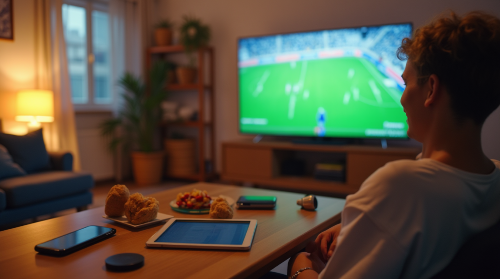 "A cheerful sports fan sitting in a cozy room watching a high-quality football match on a large TV. Nearby devices like a tablet and phone emphasize IPTV’s flexibility and convenience.