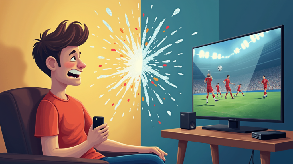 Split-scene image showing a frustrated fan with buffering issues on one side and a seamless IPTV experience with a clear sports match on the other side. The contrast highlights the problem and solution.