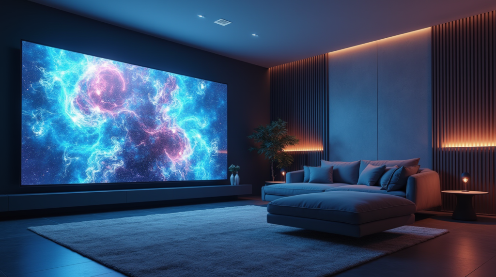 A futuristic living room featuring an 8K IPTV screen showcasing vibrant, high-definition content. The room is designed with sleek, modern furniture and ambient lighting that emphasizes the cutting-edge technology. Interactive AI features and AR/VR elements are visible on the screen, representing the advanced IPTV capabilities expected in 2025. The design blends realism with innovation, offering a glimpse into the future of home entertainment.