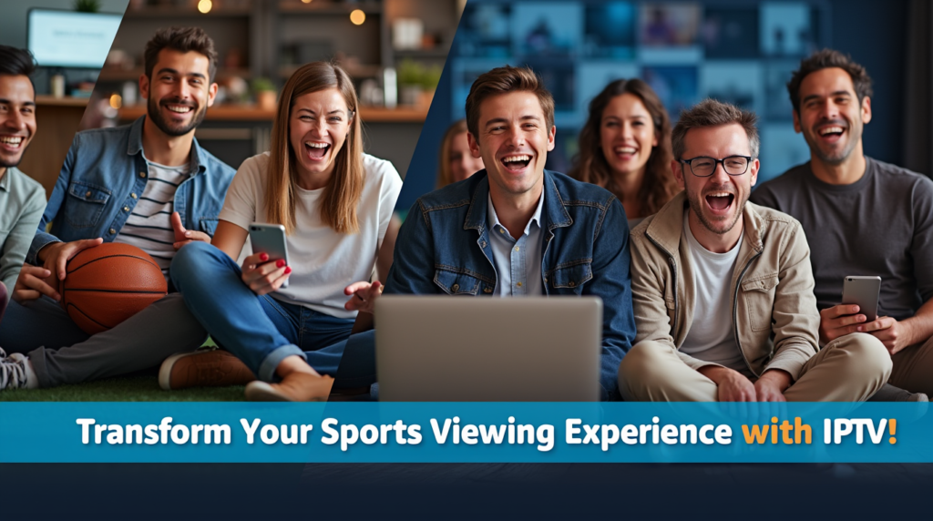 A vibrant image collage showing diverse sports fans enjoying live games on various devices, including TVs, laptops, and phones. The scenes include football, basketball, and eSports, with a tagline about enhancing the viewing experience with IPTV