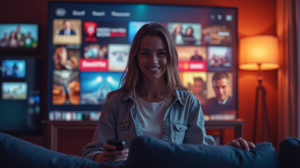Illustration of a person enjoying IPTV on multiple devices with vibrant TV content and a tagline promoting legal and effortless streaming