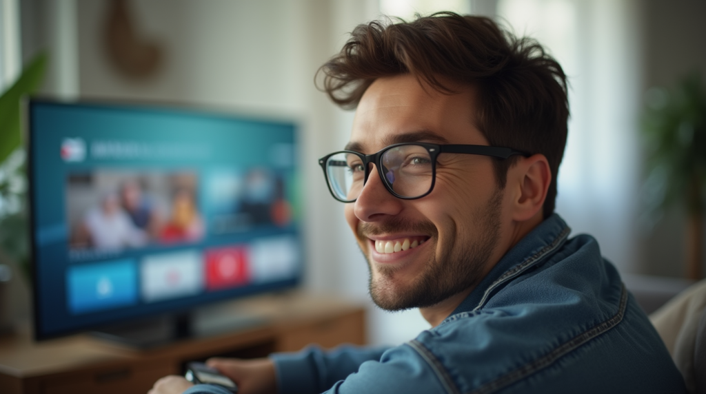 A final image highlighting the benefits of switching to IPTV. It shows a person happily making the switch from cable to IPTV, enjoying better content variety, flexibility, and lower costs. The home environment is modern and tech-savvy, with multiple devices streaming content, and the person looks satisfied with the decision.