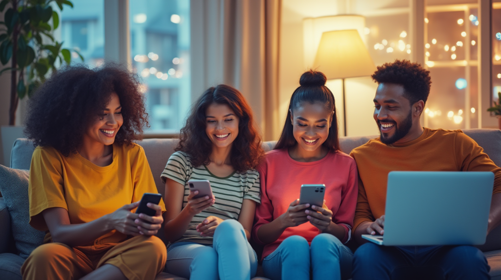 People from diverse backgrounds enjoying entertainment on various devices, symbolizing affordable and accessible entertainment for all.