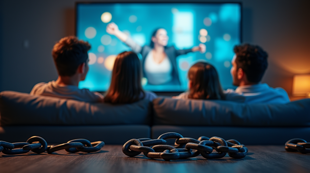 A joyful family sitting on a couch watching TV with vibrant content, surrounded by broken chains on the floor. The background shows fading corporate logos, symbolizing freedom from expensive subscriptions.