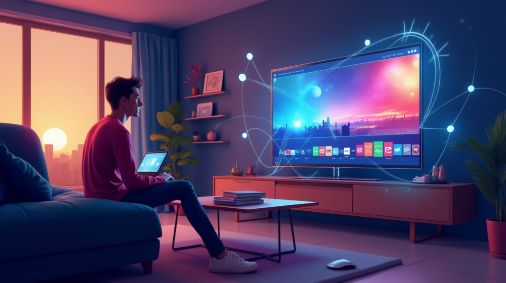 Modern living room with a smart TV displaying vibrant IPTV content, surrounded by glowing internet connection icons, symbolizing effortless and legal streaming in 2025.