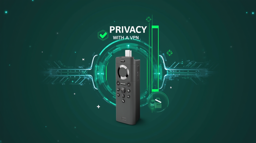 An image showing a FireStick with a shield and padlock icon, symbolizing VPN protection for privacy and security