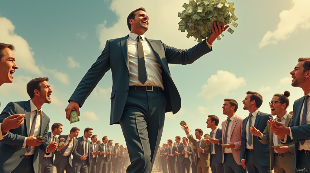 A towering corporate figure in a suit holding stacks of money, overlooking frustrated citizens with empty wallets and torn subscription bills. The image highlights the disparity between corporations and everyday consumers.