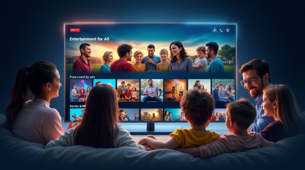 A futuristic TV screen showcasing diverse global content like sports, movies, and series, surrounded by happy, diverse families. The glowing tagline reads, “Entertainment for All