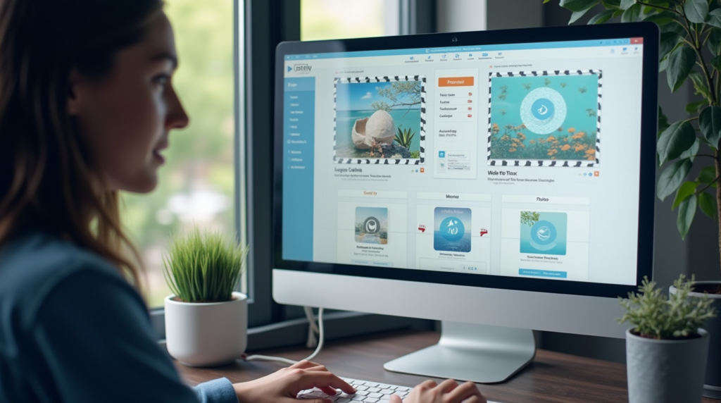 Person optimizing images and videos for IPTV site, demonstrating media compression and file optimization techniques for faster load times.