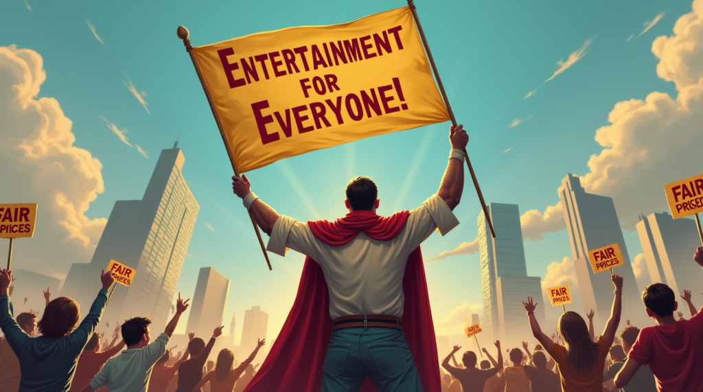 A determined figure standing tall, holding a banner that says, “Entertainment for Everyone!” Behind them, a cheering crowd celebrates while corporate towers crumble in the distance.