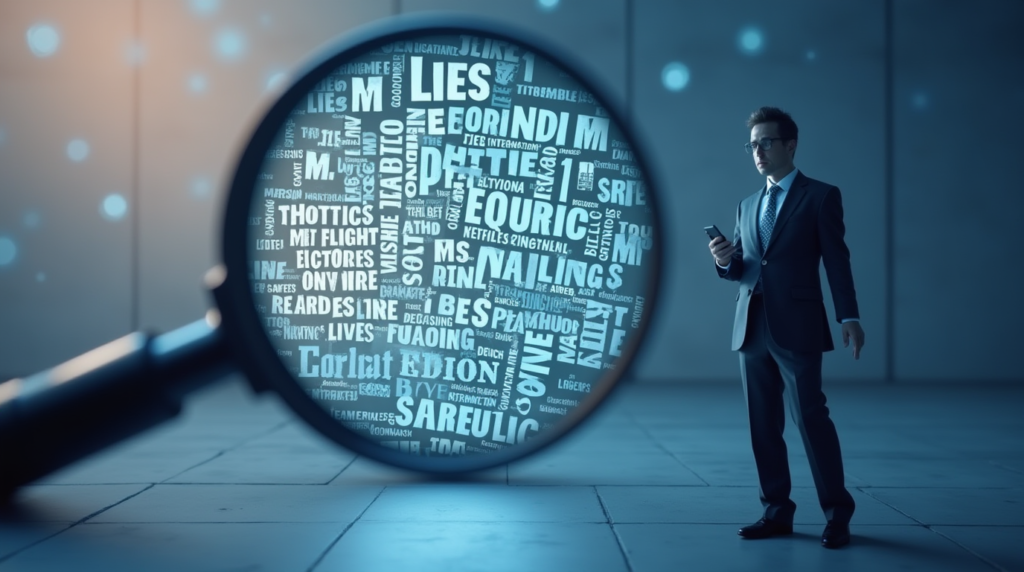 A magnifying glass reveals hidden words like “Lies,” “Misinformation,” and “Fear Tactics” beneath a polished corporate image. In the foreground, a user with a shield labeled “Streamoxide” stands protected