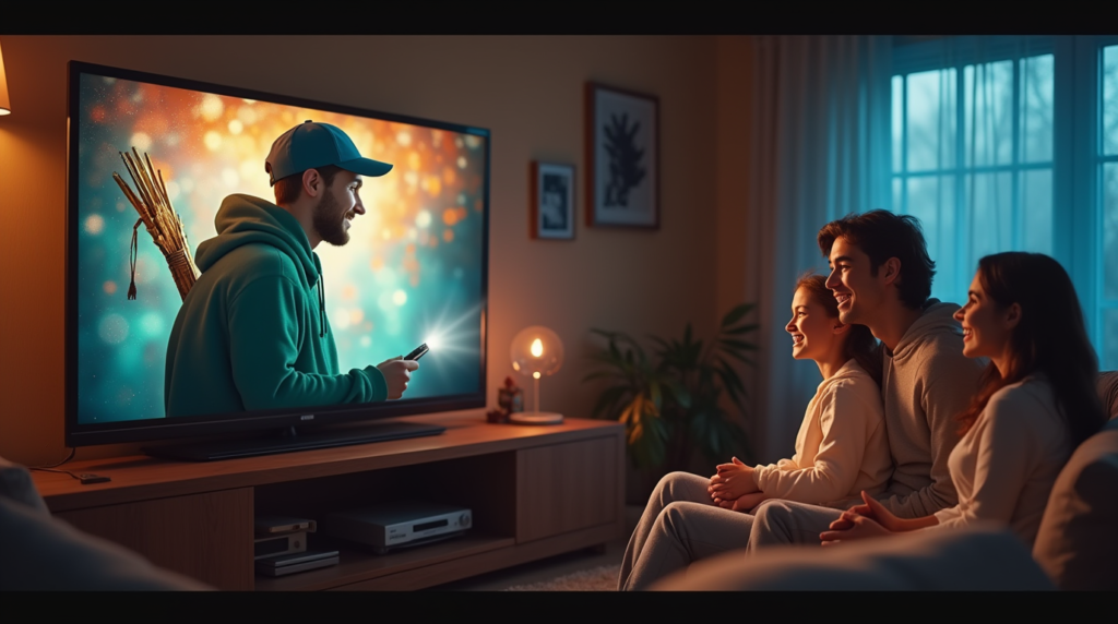 A modern Robin Hood character in casual attire holds a glowing TV remote like a bow, aiming content icons as arrows. They stand in a bright village, redistributing entertainment to smiling families.