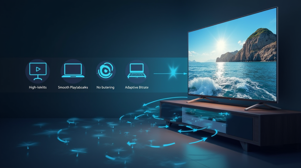 Seamless IPTV video streaming on a TV, showcasing smooth playback with no buffering and adaptive bitrate technology for high-quality viewing.