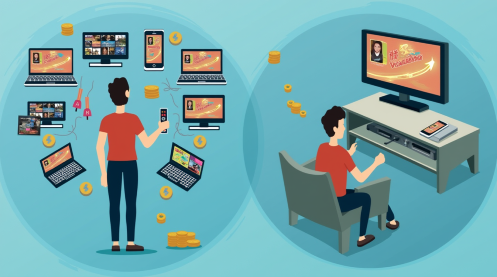 An image representing the value for money with IPTV. It shows a user enjoying a variety of content on multiple devices at a low price, with an emphasis on affordability. In contrast, a traditional cable setup with limited content and higher costs is depicted, with symbols of savings like coins or a value tag.