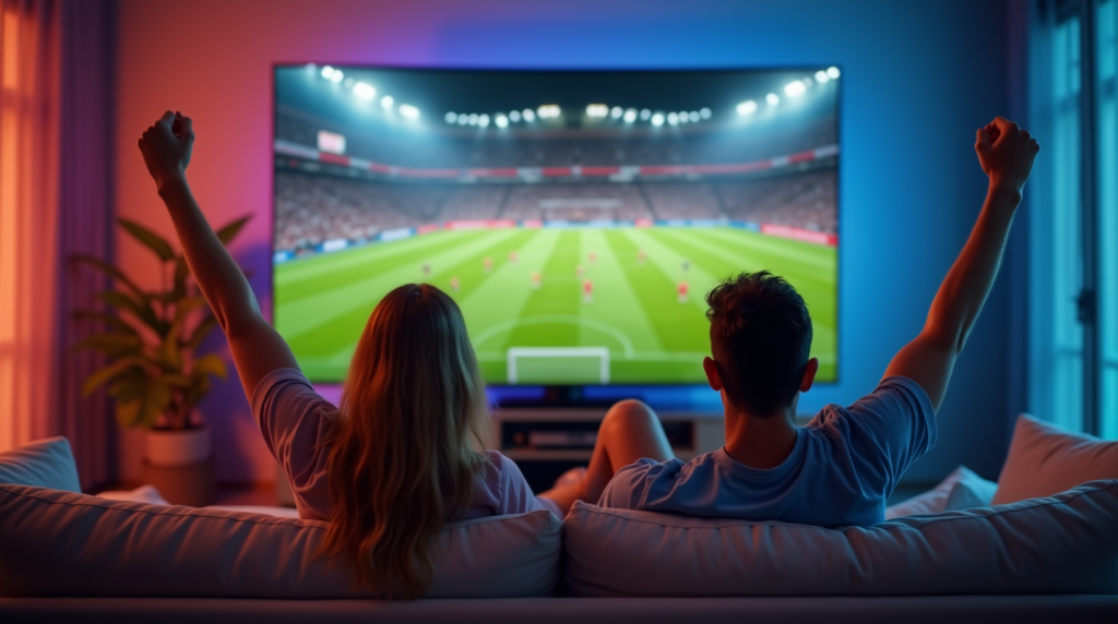 Two friends in a stylish living room cheering while watching a live football game on a large smart TV with an IPTV streaming device. The atmosphere is energetic and modern.