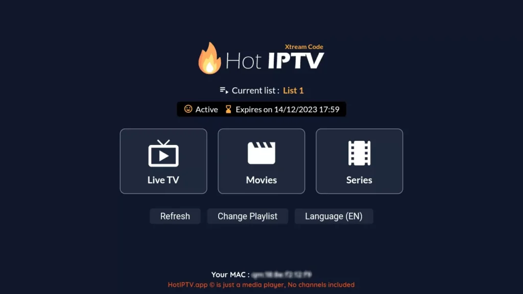 HOT IPTV player screen
