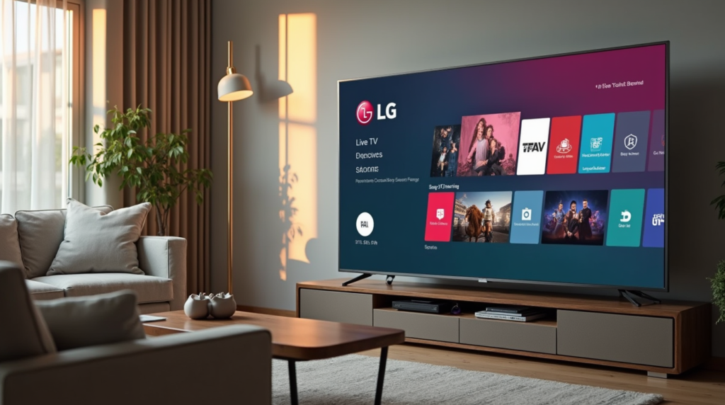 A modern living room featuring an LG Smart TV displaying an IPTV app interface, with clear categories for streaming content, surrounded by a comfortable and stylish environment.