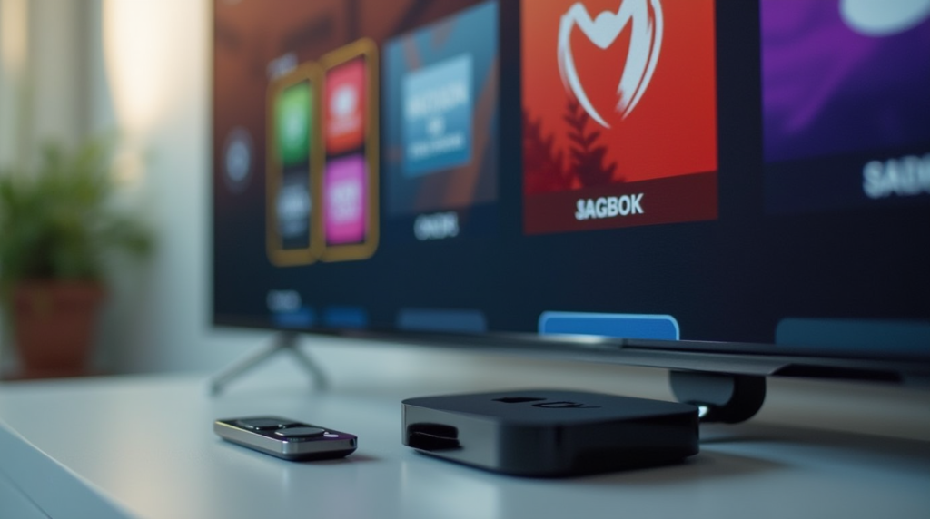 Apple TV connected to a TV, showcasing an IPTV interface with multiple channel icons, representing main takeaways.