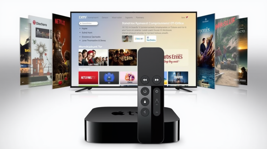 Collage of Apple TV, remote, and TV screen with streaming apps, offering an overview of Apple TV.
