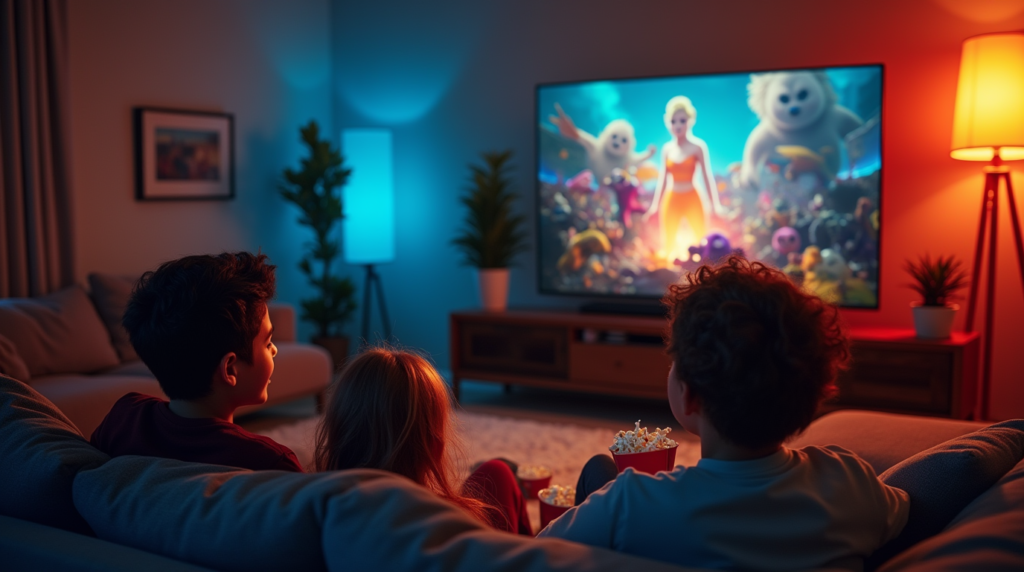 A warm and cozy living room with a family enjoying IPTV content on an LG Smart TV, symbolizing satisfaction, relaxation, and high-quality streaming.