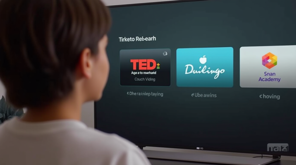 Individual interacting with Apple TV, accessing educational apps such as TED, Khan Academy, and Duolingo
