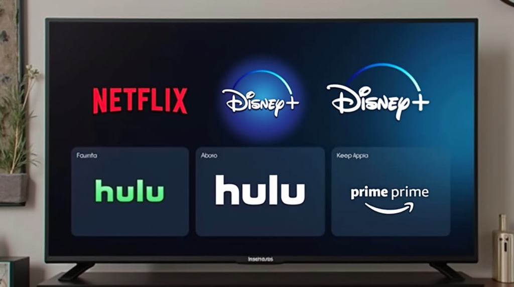 TV screen showing logos of top streaming apps such as Netflix, Disney+, Hulu, and Amazon Prime.