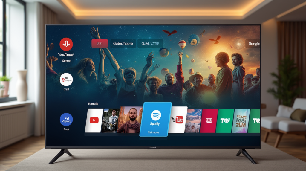 TV displaying icons of entertainment and lifestyle apps like YouTube, Spotify, and Calm.