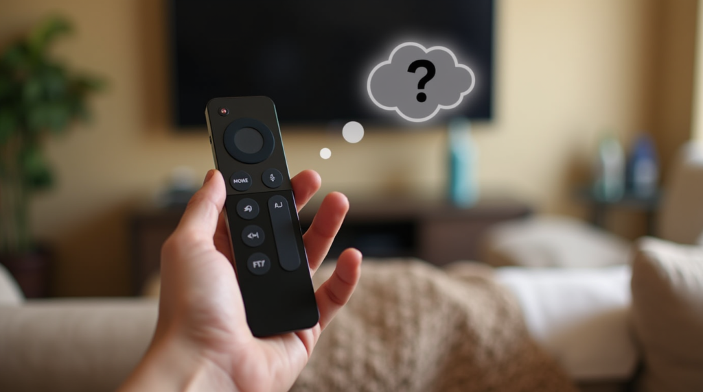 Individual with Apple TV remote and a question mark thought bubble, symbolizing frequently asked questions