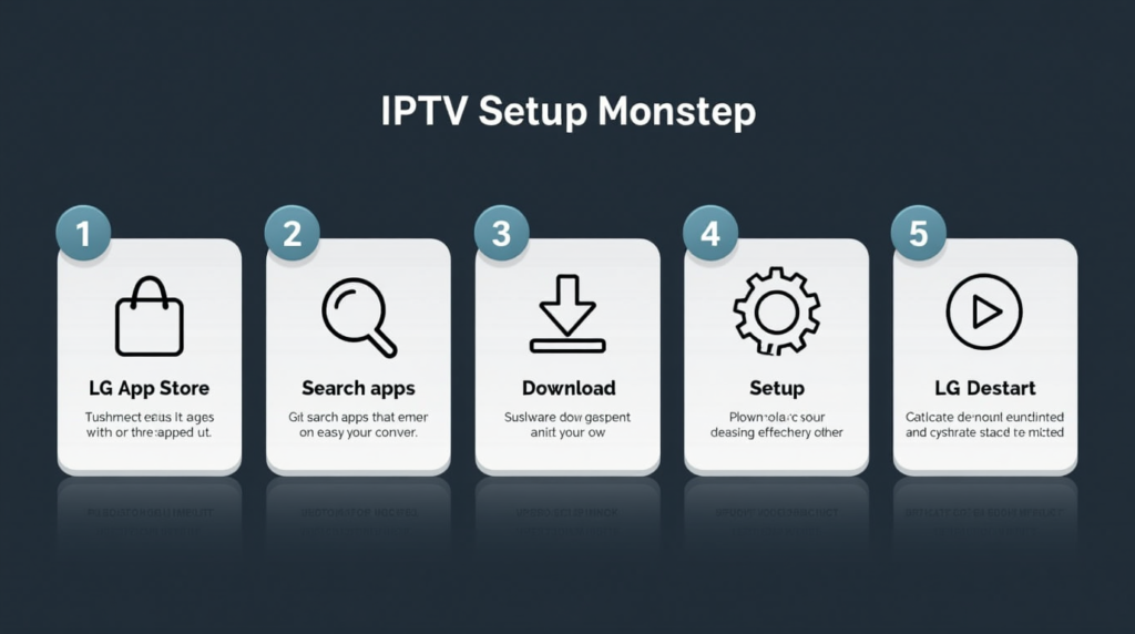 A step-by-step infographic illustrating the IPTV setup process, with clear icons for each step, from downloading apps to streaming content on an LG Smart TV.