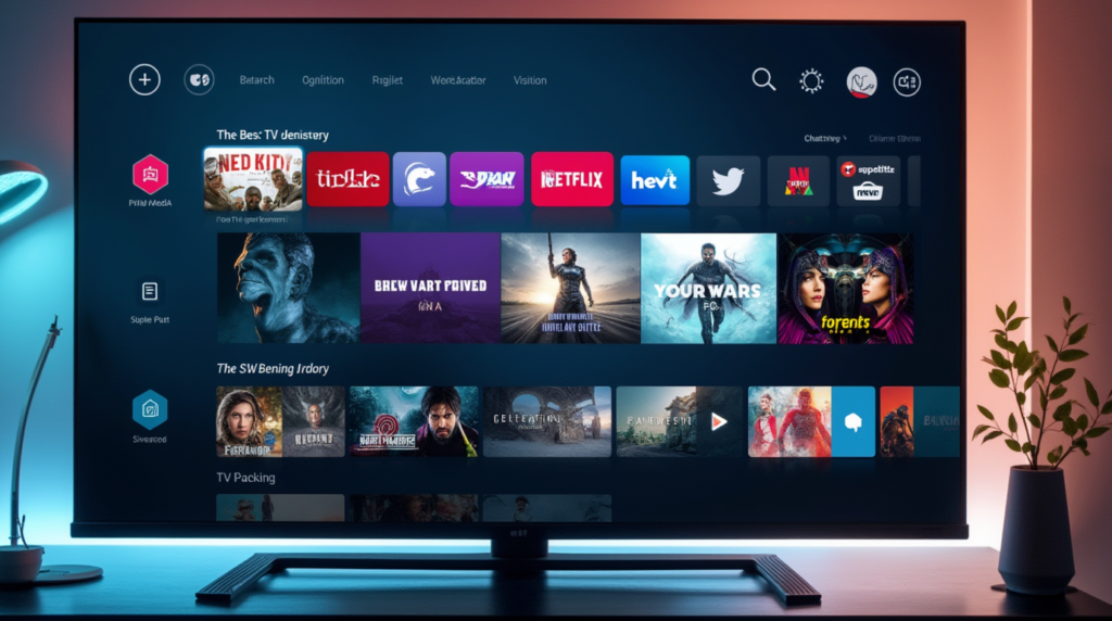 An image depicting a TV screen with the TiviMate IPTV interface, showcasing a variety of live TV channels. The modern design emphasizes simplicity and ease of use, with a minimalistic and futuristic setting.